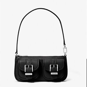 NWT Michael Kors Pebbled Leather Zoe Pouchette Black Shoulder Bag/Wristet